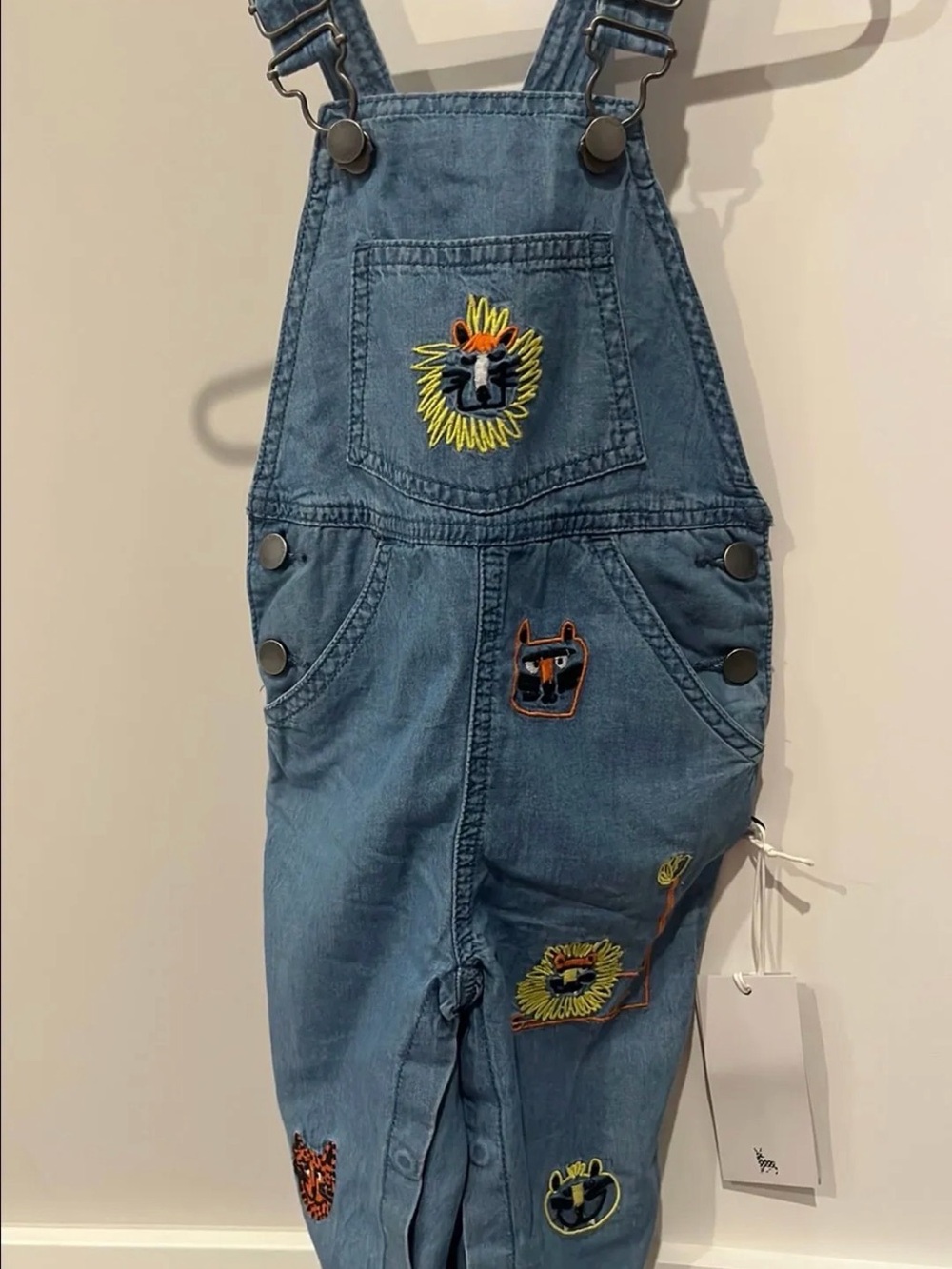 Stella McCartney Chambray Dungarees Embroidered Denim Overalls wild Cats